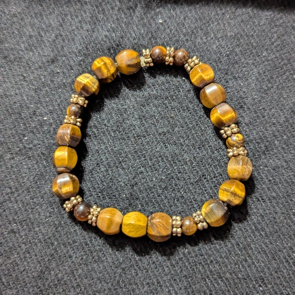 Gold Tone Tigers Eye Gemstone Beaded Stretchy Elastic Statement Bracelet